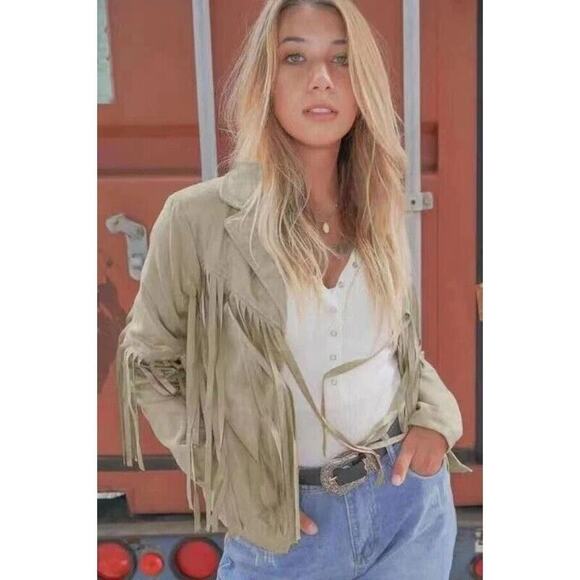 NEW! Western Fringe Soft Faux Suede Open Style Lined Jacket Coat M Light Tan - Picture 1 of 12
